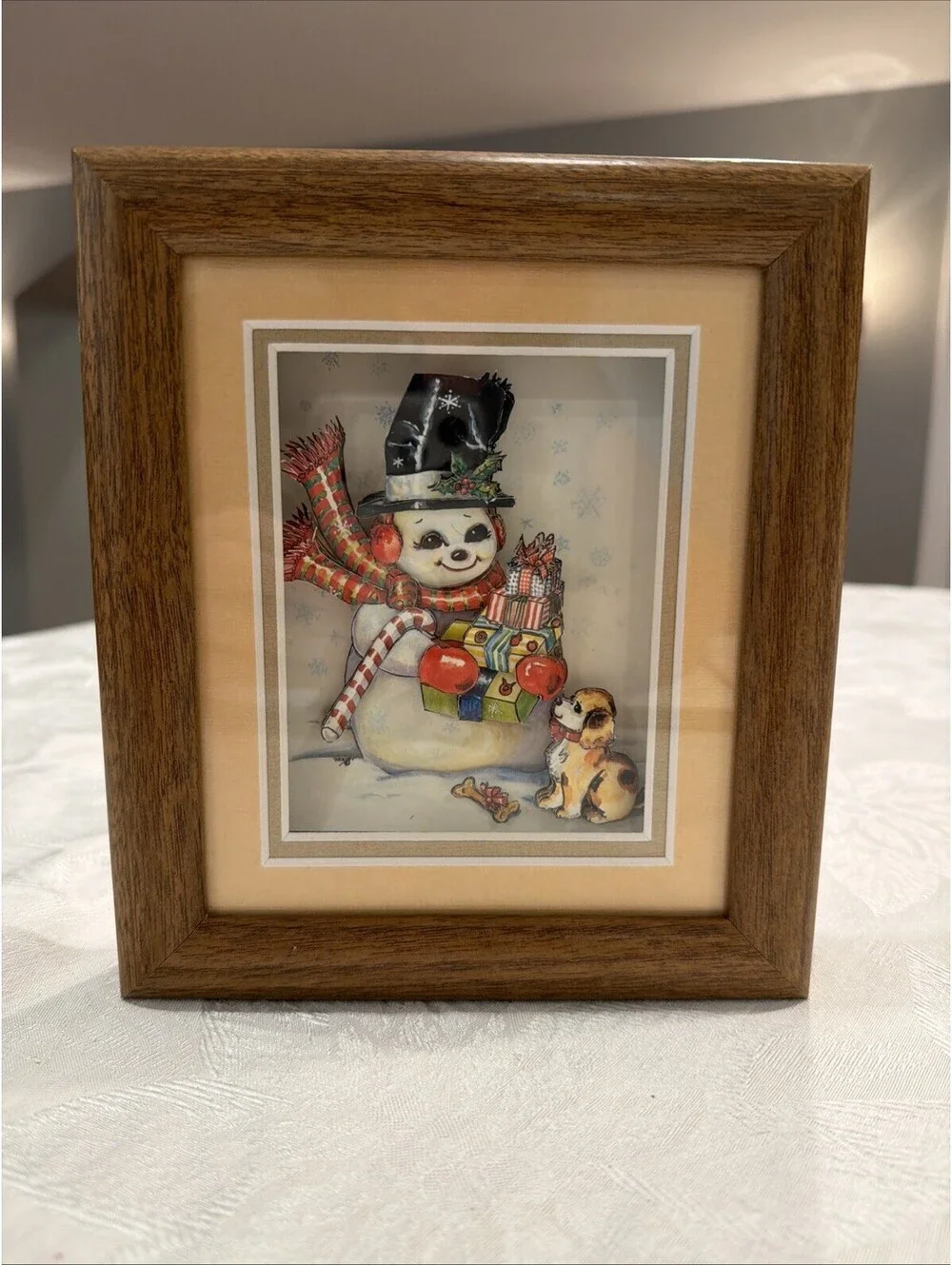 Vtg Christmas 3D Shadowbox Snowman & Puppy  Picture Excellent